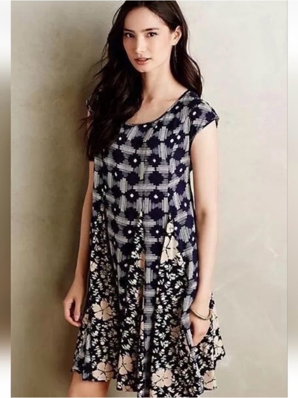Maeve Navy and Cream Mixed-Print Swing Tunic